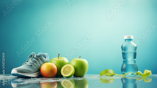 still life with apple and bottle Fruit splashing out of a  fruits falling in water splash Green lemon in the water colour splash sport shoes and sport equipment for fitness