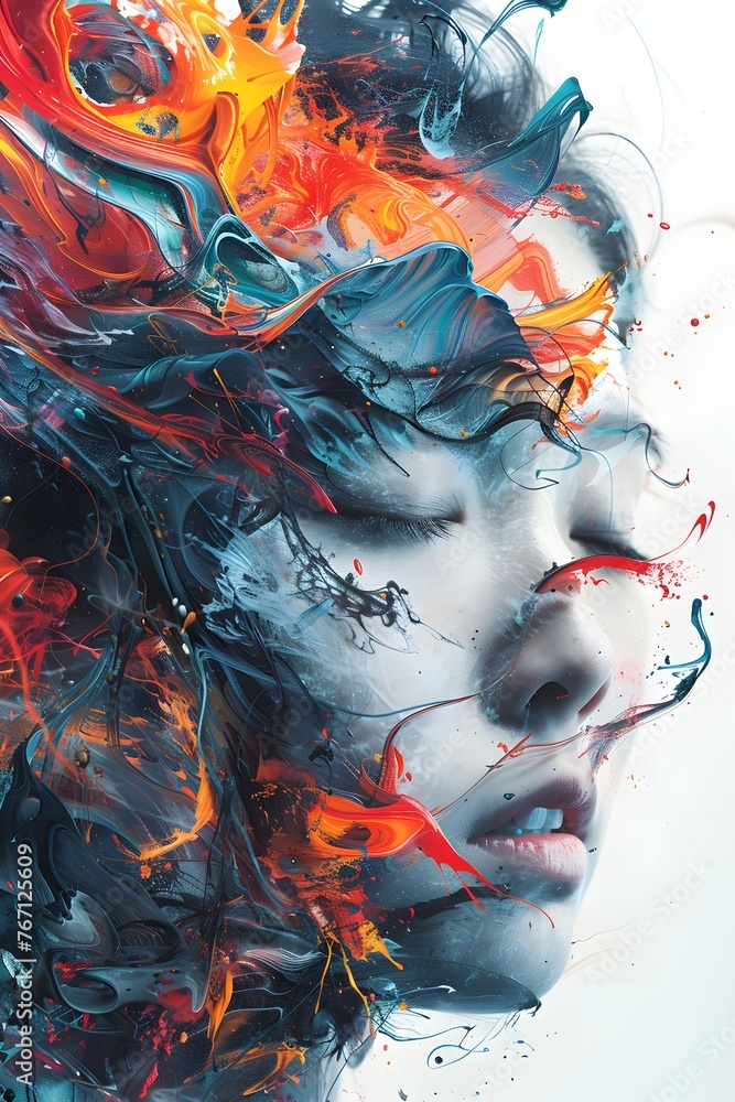 An artistic portrait of a woman's face overlaid with dynamic, abstract paint swirls in a vibrant mix of colors, evoking a sense of creativity and movement.