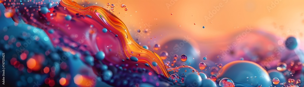 An expansive panoramic landscape composed of abstract liquid forms and floating bubbles in a surreal blend of blues and oranges. - obrazy, fototapety, plakaty 