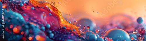 An expansive panoramic landscape composed of abstract liquid forms and floating bubbles in a surreal blend of blues and oranges. photo