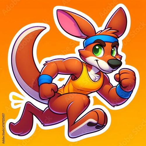 cartoon sticker of a energetic kangaroo character wearing a blue headband  animal sticker  kangaroo sticker