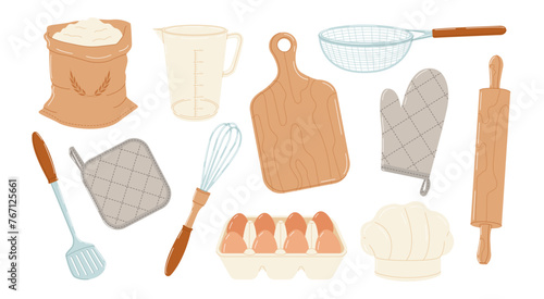Kitchen utensil and product set on white background. Cooking appliance collection