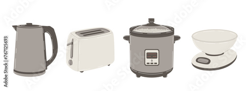 Kitchen appliances set on white background.Kitchenware collection.  Kettle, toaster, rice cooker, scales