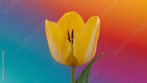 Bright yellow tulip flower stands out against colorful background