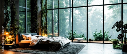 A luxurious modern bedroom with large windows offering a panoramic view of a dense, foggy forest.
