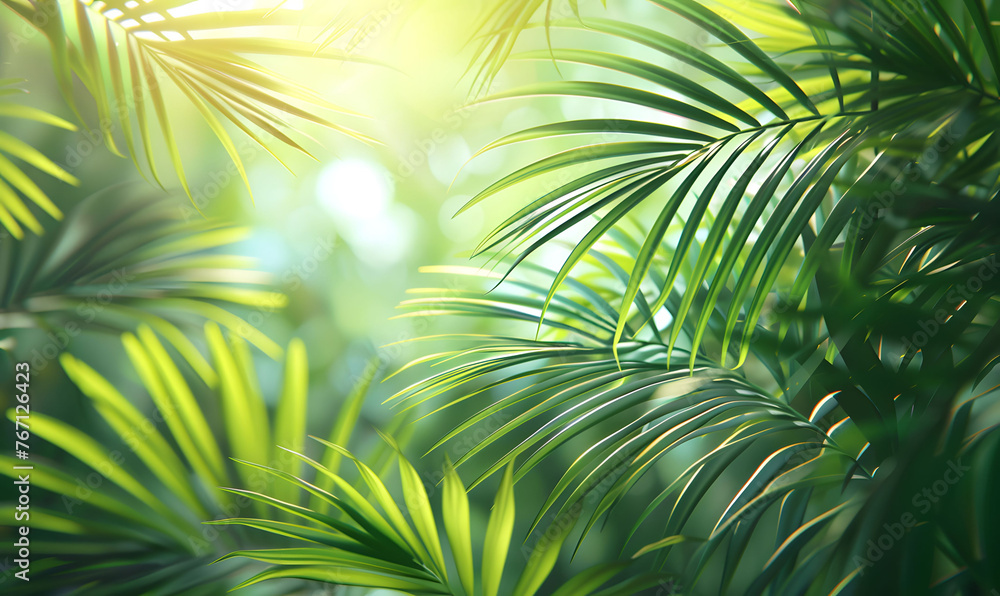 Obraz premium Lush Tropical Palm Leaves Bathed in Soft Sunlight Creating a Relaxing Jungle Foliage Pattern Background