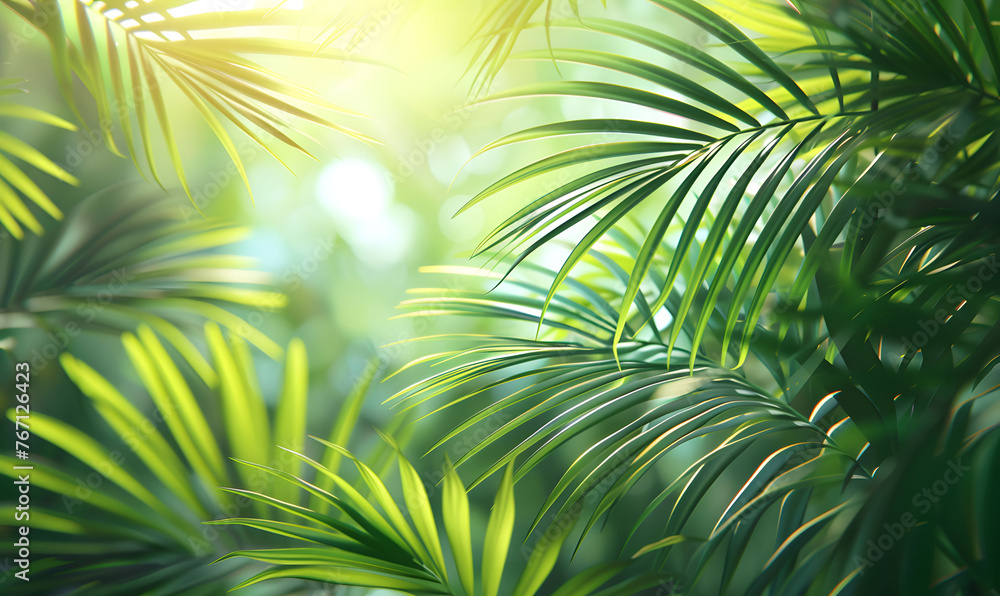 Lush Tropical Palm Leaves Bathed in Soft Sunlight Creating a Relaxing Jungle Foliage Pattern Background