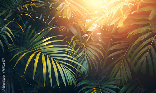 Lush Tropical Palm Leaves Bathed in Soft Sunlight Creating a Relaxing Jungle Foliage Pattern Background