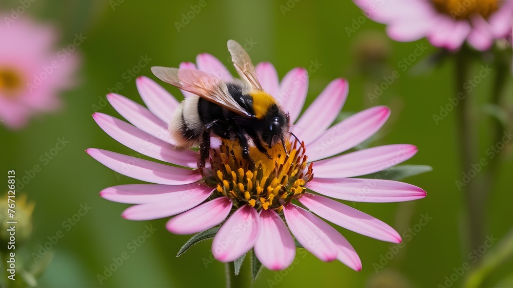 Bumblebee gathers pollen on pink flower against summer meadow backdrop Bumblebee gathers pollen on pink flower against summer meadow backdrop