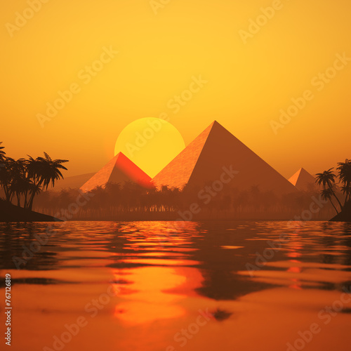 Majestic Sunset Silhouetting Egypt s Pyramids and a Serene River