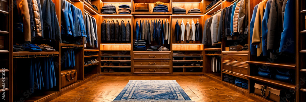  A luxurious and well-organized wooden closet showcasing an array of men clothing and accessories. Copy space.