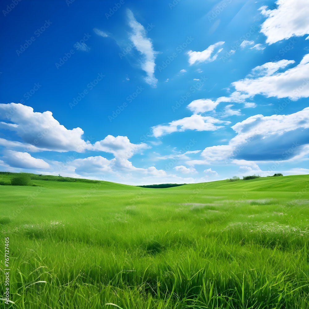 green field and blue sky with clouds, Ai Generated