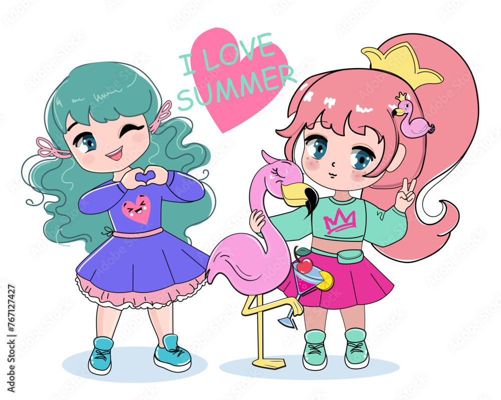 Beautiful little cartoon girls with summer flamingo. Anime style, pink and blue hair and big eyes. Summer concept. Modern trend for kids, t-shirt design print. Little chibi girl Beautiful little cartoon girls with summer flamingo. Anime style, pink and blue hair and big eyes. Summer concept. Modern trend for kids, t-shirt design print. Little chibi girl