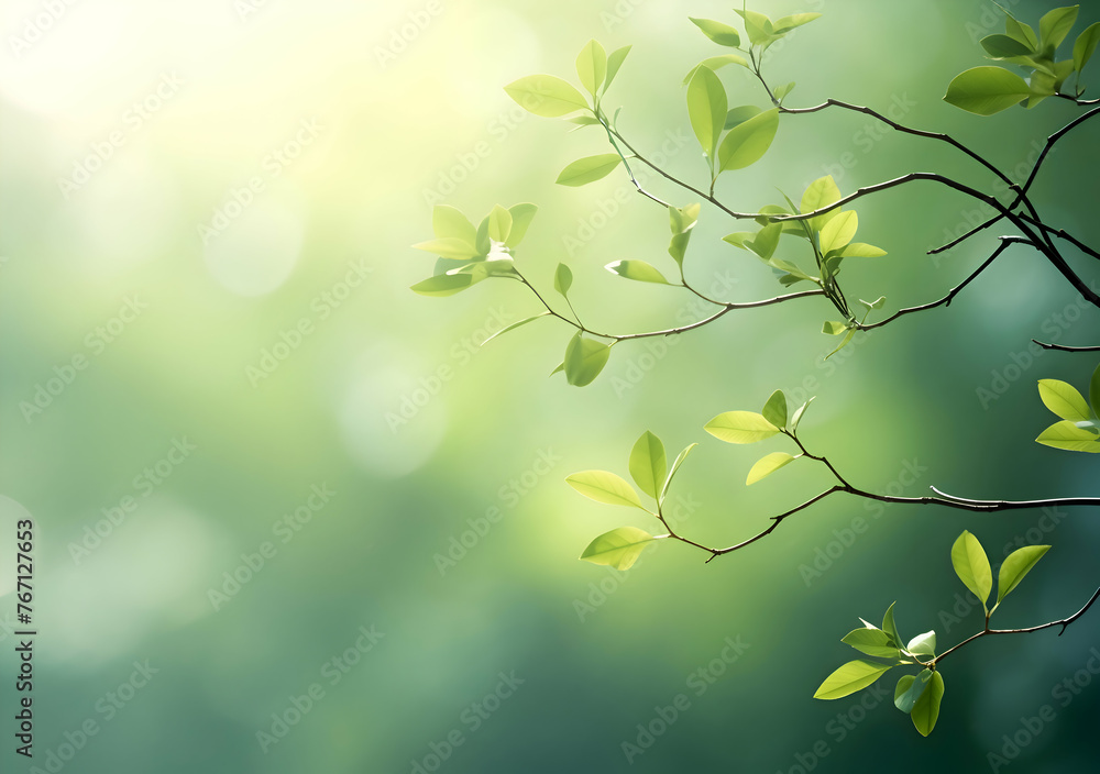 Close up spring nature view of green brunches on blurred garden background with copy space. Natural background Generative Ai	