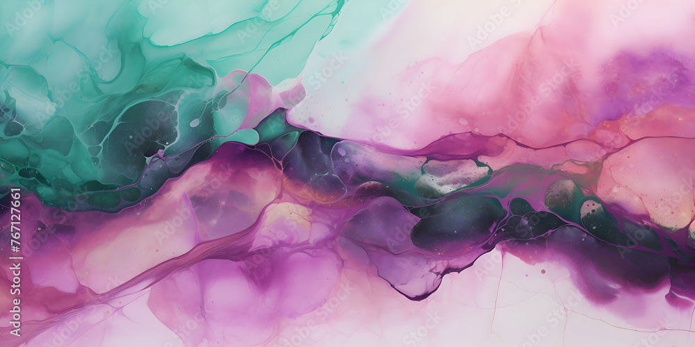 High resolution Modern creative fluid art alcohol painting brush stroke, Green and light pink purple background marble texture. Abstract painting for banner, website, texture