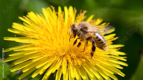 Busy honey bee gathers nectar from vibrant dandelion flower