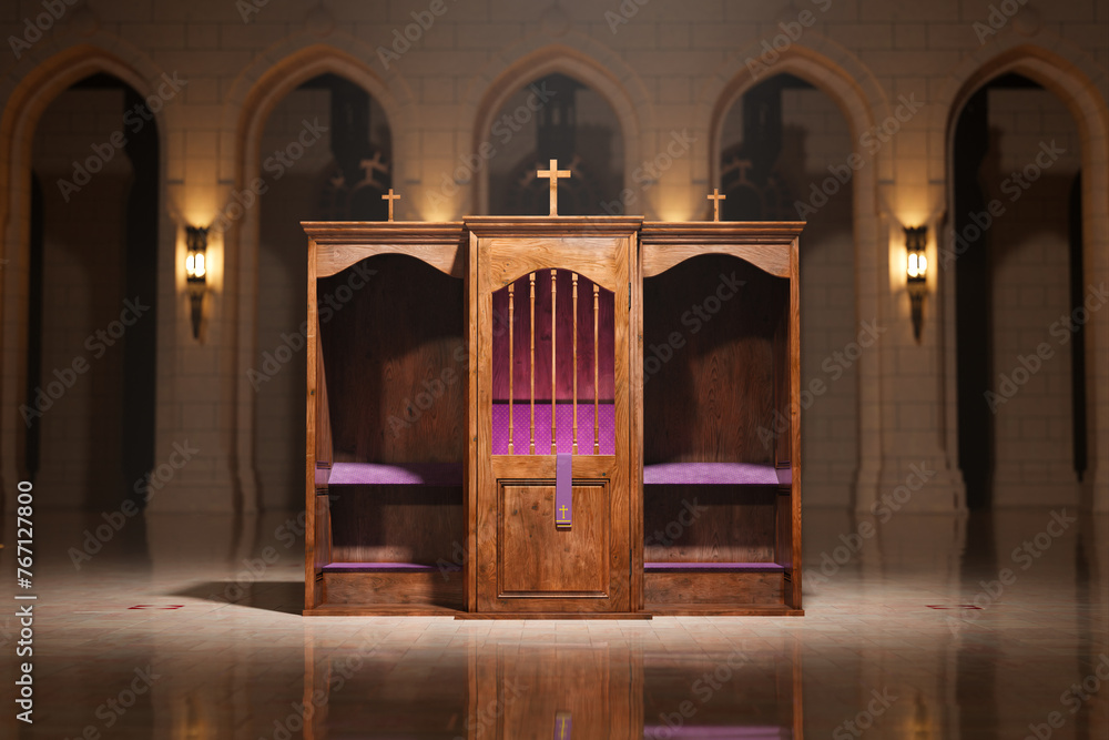 Traditional Wooden Confessional Booths within a Serene Church Interior