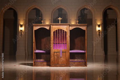 Obraz na płótnie Traditional Wooden Confessional Booths within a Serene Church Interior w salonie