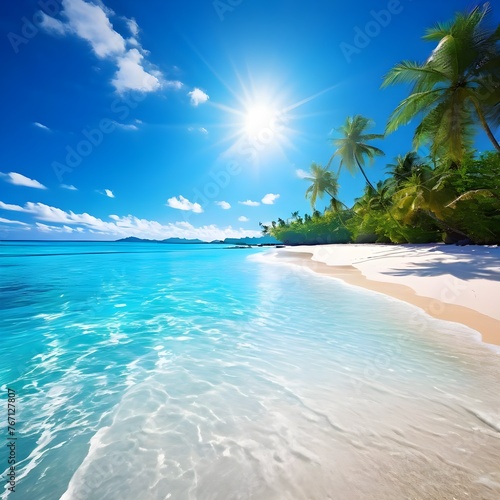 A beautiful beach with palm trees and blue sky, Ai Generated