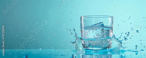 A banner, illustration of a glass of water with splashes for effect emulating the importance of hydration, copy space for text photo