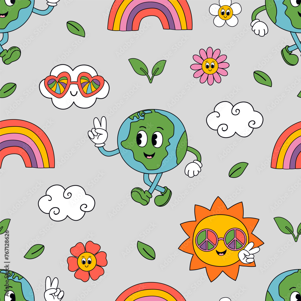 Obraz premium seamless pattern with groovy Earth , Sun, rainbow, cloud