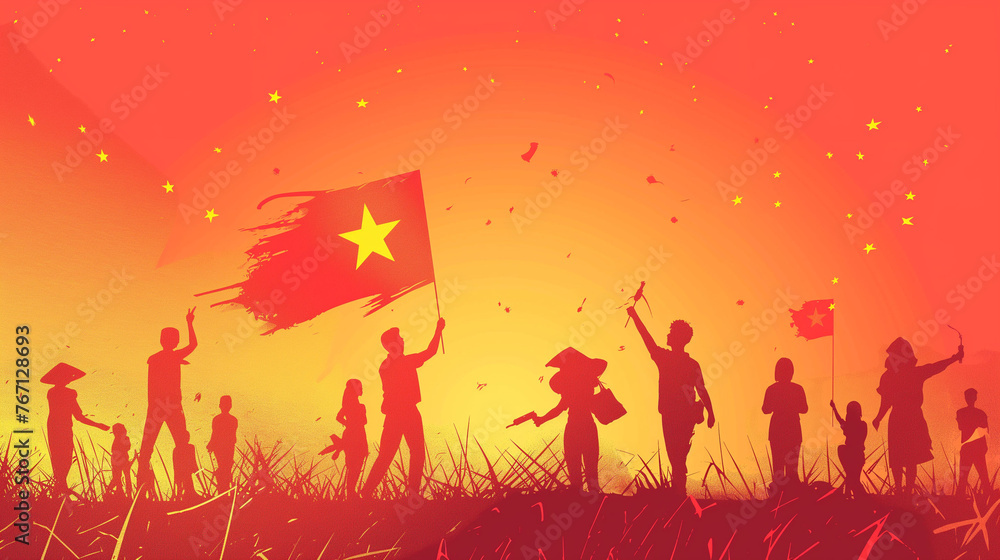 People on the background of the Vietnamese flag Vietnamese heritage the country's independence day People on the background of the Vietnamese flag Vietnamese heritage the country's independence day