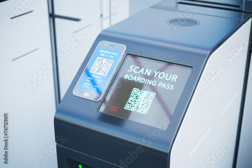 Obraz na płótnie Smartphone Being Scanned for Boarding at Electronic Airport Gate Entry w salonie