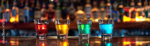 A banner of a row of 4 shot glasses containing different coloured liquor sitting on a bar, party vibes