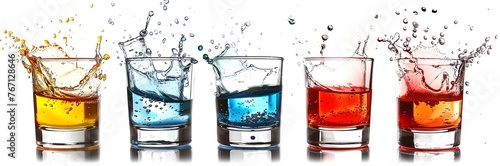 A banner of a row of 5 shot glasses containing different coloured liquor with light splashes on a white background, party vibes