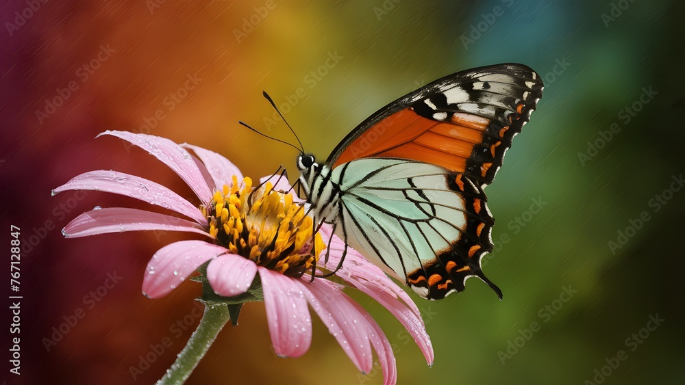 Fototapeta premium Butterfly rests on rain soaked flower against colored background