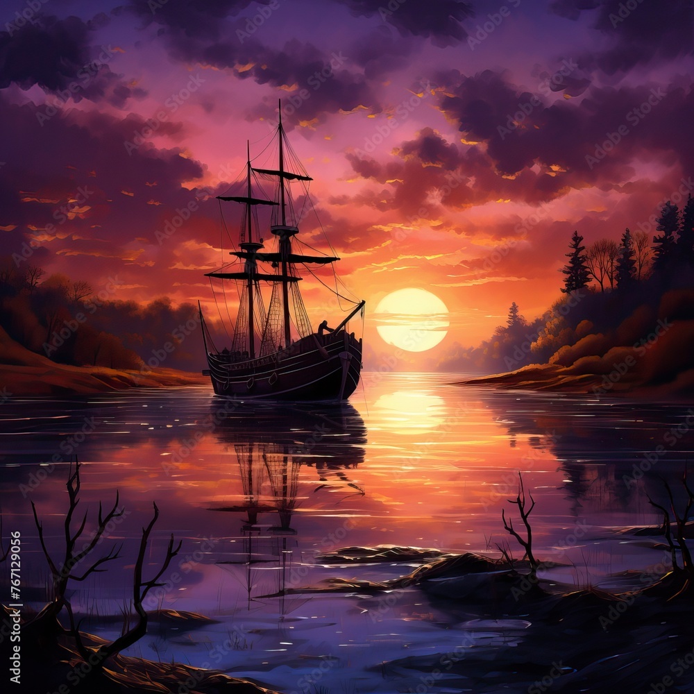 Ship on Lake in the dusk Ship on Lake in the dusk