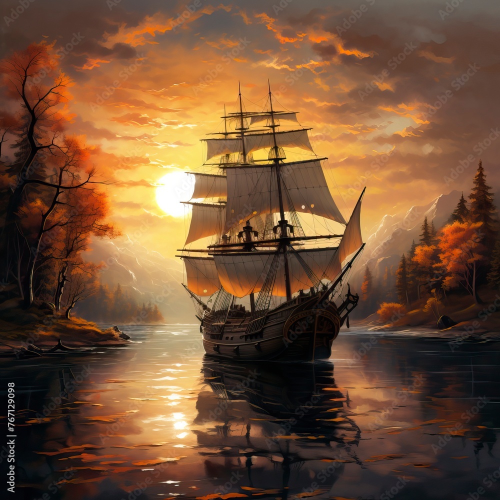 Fototapeta premium Ship on Lake in the dusk 