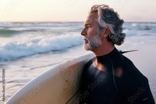 An elderly smiling gray-haired man with a surfboard on the background of the beach. The concept of a healthy active lifestyle for the elderly.