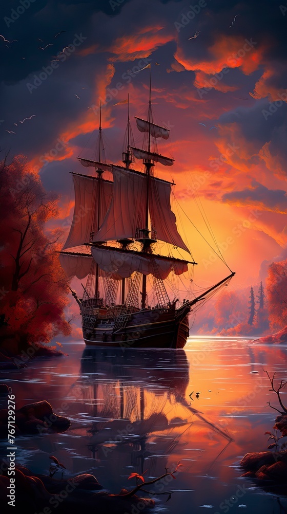 Fototapeta premium Ship on Lake in the dusk 