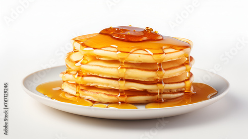 fresh home baked pancakes stack of pancake with honey syrup on the white background in white plate