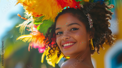 Joyful Woman at Carnival, Earrings and Feathers