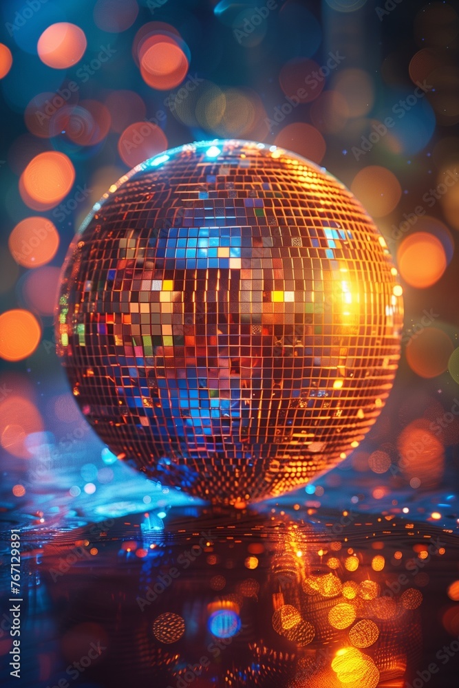 Obraz premium Mirrored disco ball shines under various lights, creating dazzling reflections and transforming spaces into vibrant dance floors.
