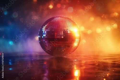 Mirrored disco ball shines under various lights, creating dazzling reflections and transforming spaces into vibrant dance floors.