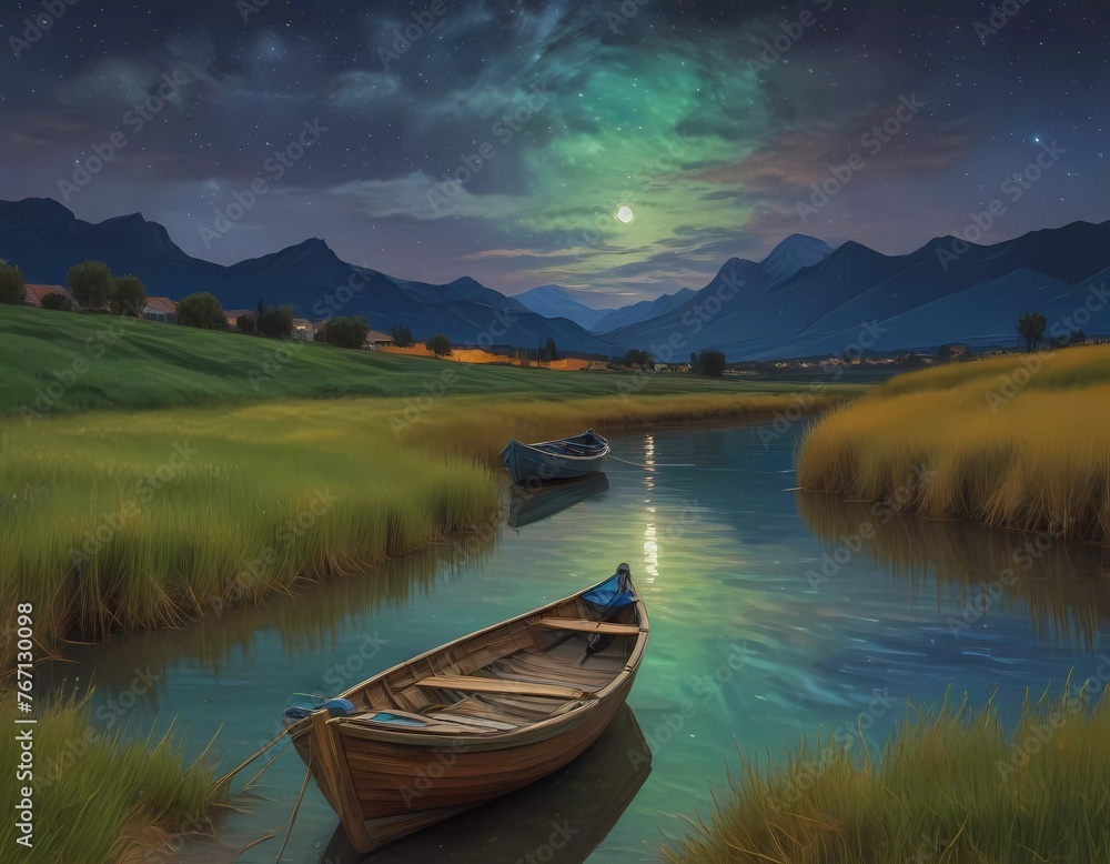 Impressionism, a charming view on the banks of the lake with a group of beautiful boats on a dreamy moonlit night