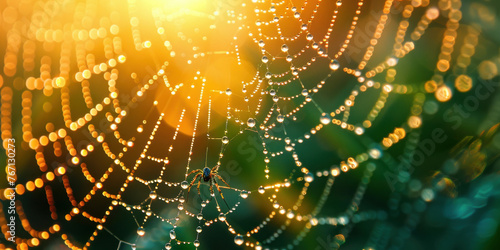 Intricate spider web covered in sparkling water droplets against vibrant green backdrop with sunrays