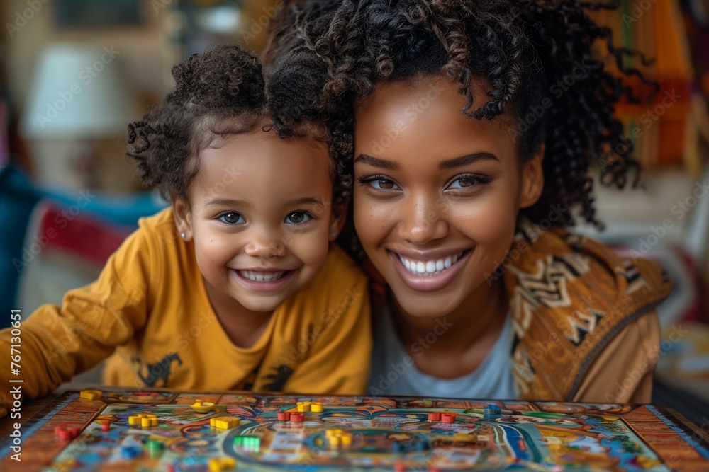 Mother and child bond joyfully at the table, engaging in interactive board game activities Mother and child bond joyfully at the table, engaging in interactive board game activities