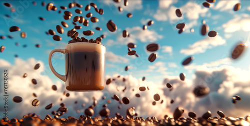 A dreamlike scene of a coffee mug floating in a surreal sky filled with floating coffee beans