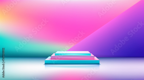 White podium in empty scene. Minimal scene in holographic rainbow design. Product presentation, mock up, show cosmetic product, Podium, layout, stage pedestal or platform. 3d render