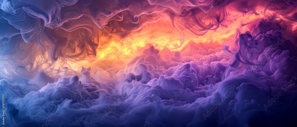 A surreal landscape where smoke dances in sync with the swirling colors of the sky