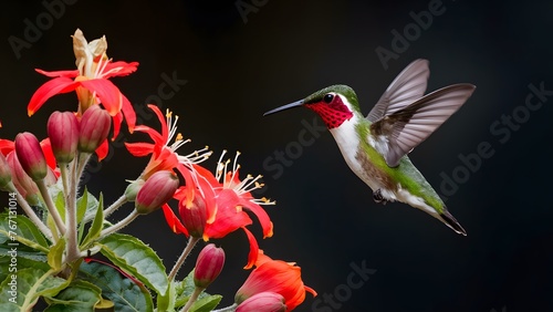 Capture Dark background with ruby throated hummingbird in flight near flower