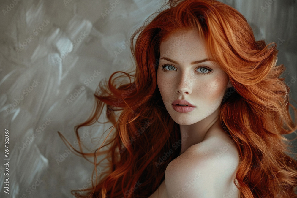 Fototapeta premium A woman with long red hair and blue eyes