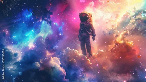 Whimsical scene of a spaceman in a galaxy of colors, ideal for creative music album covers. © banthita166