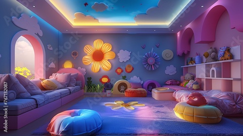 a modern children's room with a colorful background reminiscent of luminous skies