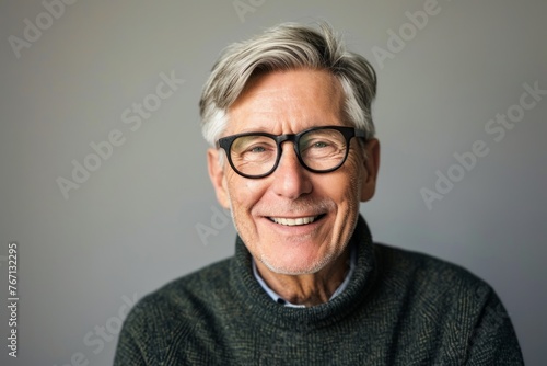 Portrait of a smiling senior man wearing eyeglasses against grey background © Iigo