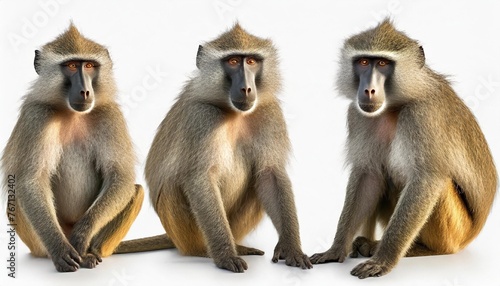 collection of three baboon monkeys portrait standing sitting animal bundle isolated on a white background as
